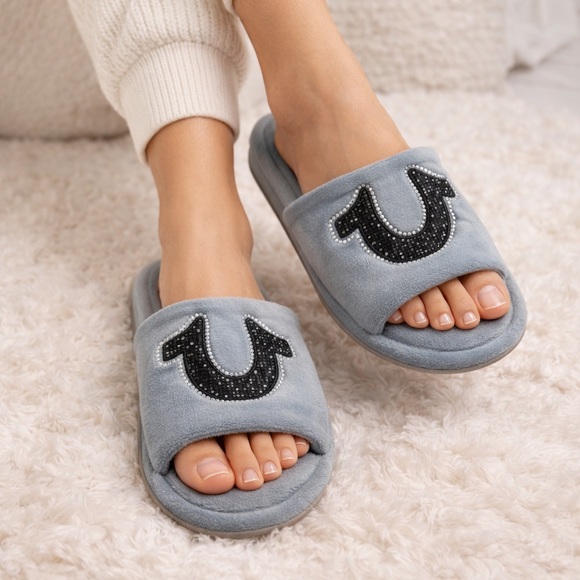 True Religion Shoes - True Religion Blue Plush Slide Slippers Rhinestone Logo Women’s Size 6.5–7.5